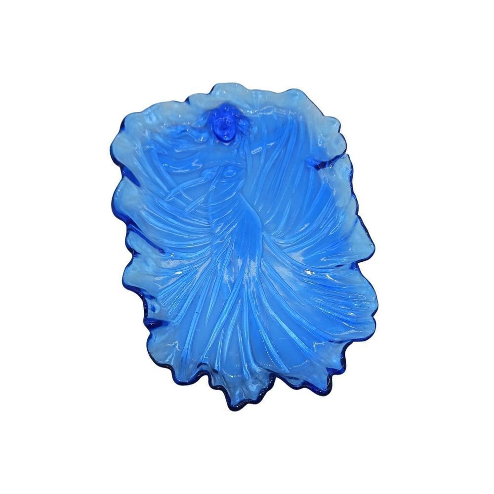 Vintage Art Nouveau Deco Flowing Dress Lady Cobalt Blue Glass Tray​